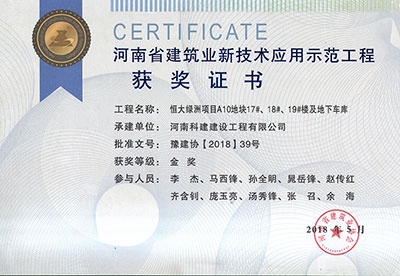 “恒大綠洲項(xiàng)目A10地塊17#、18#、19#樓及地下車庫工程”榮獲“河南省建筑業(yè)新技術(shù)應(yīng)用示范工程”金獎